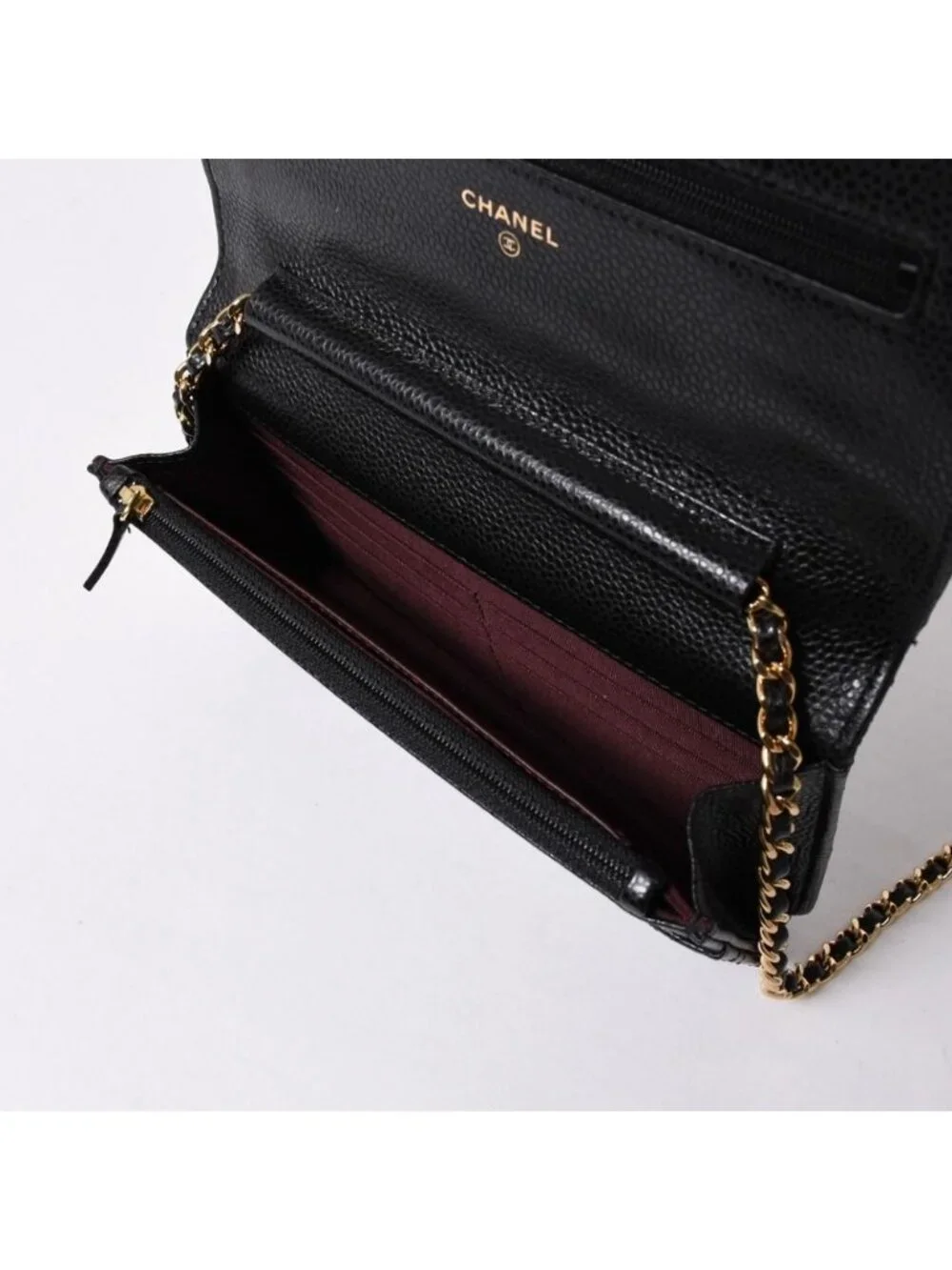 Chanel Chain Wallet CC Logo Caviar Leather Black Gold Shoulder Bag